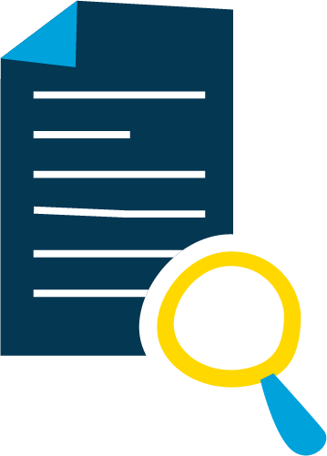 Piktogramm eines blauen Blattes mit weißen horizontalen Linien. An der unteren rechten Seite des Blattes ist eine Lupe mit hellblauem Griff und gelber Glashalterung zu sehen. 