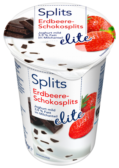 Milder Joghurt mit 3,5% Fett in der Geschmacksrichtung Erdbeere-Schokosplits der Eigenmarke Elite 