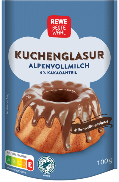 Kuchenglasur Alpenvollmilch mit 6 % Kakaoanteil, mikrowellengeeignet mit Rainforest Alliance-Siegel von REWE Beste Wahl 