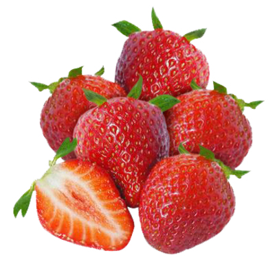 Mehrere Erdbeeren und im Vordergrund liegt eine halbierte Erdbeere 