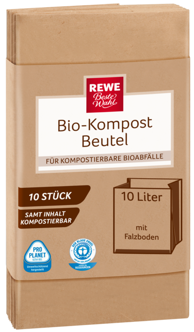 Bio-Kompost Beutel 10 Liter der Eigenmarke REWE Beste Wahl mit Blauer Engel-Siegel 