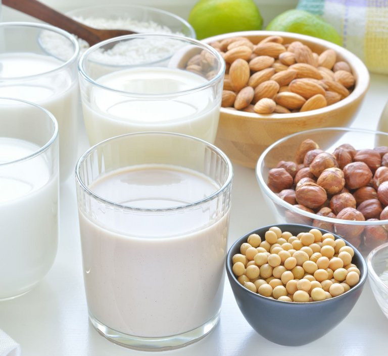 Mehrere vegane Produkte wie verschiedene Milchalternativen, Nüsse und Erbsen stehen in Gläsern und Schüsseln aufbereitet auf einer weißen Platte. 