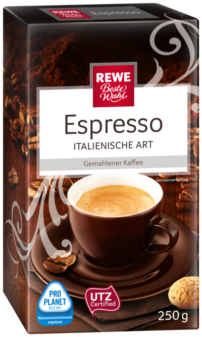 Gemahlener Kaffee Espresso mit UTZ-Siegel der Marke REWE Beste Wahl 