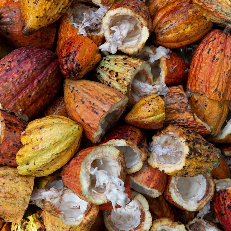 Ansammlung von Kakaobohnen, die in der Hälfte durchgebrochen wurden  
