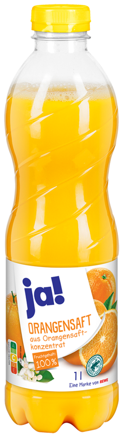 Orangensaftflasche der Marke ja! 100% Orangensaft mit dem Rainforest Alliance-Siegel 