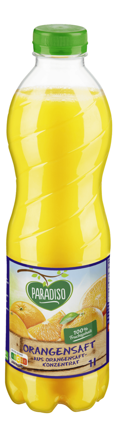 Orangensaft mit 100% Fruchtgehalt der Marke Paradiso mit dem Rainforest Alliance-Siegel 