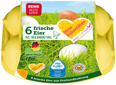 Respeggt-Eier aus Freilandhaltung mit “Ohne Kükentöten”-Logo der Marke REWE Beste Wahl 