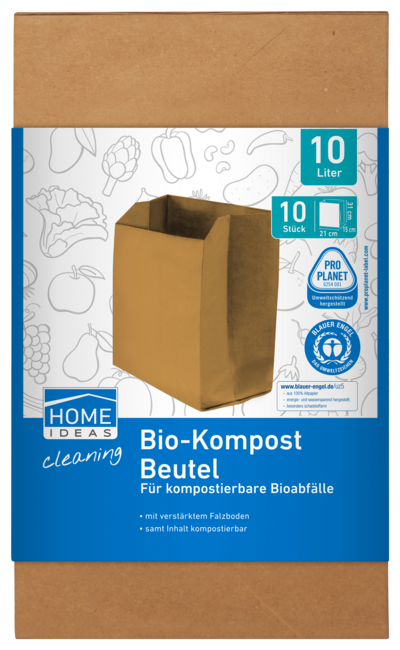 Bio-Kompost Beutel 10 Liter der PENNY-Eigenmarke Home Ideas mit Blauer Engel-Siegel 